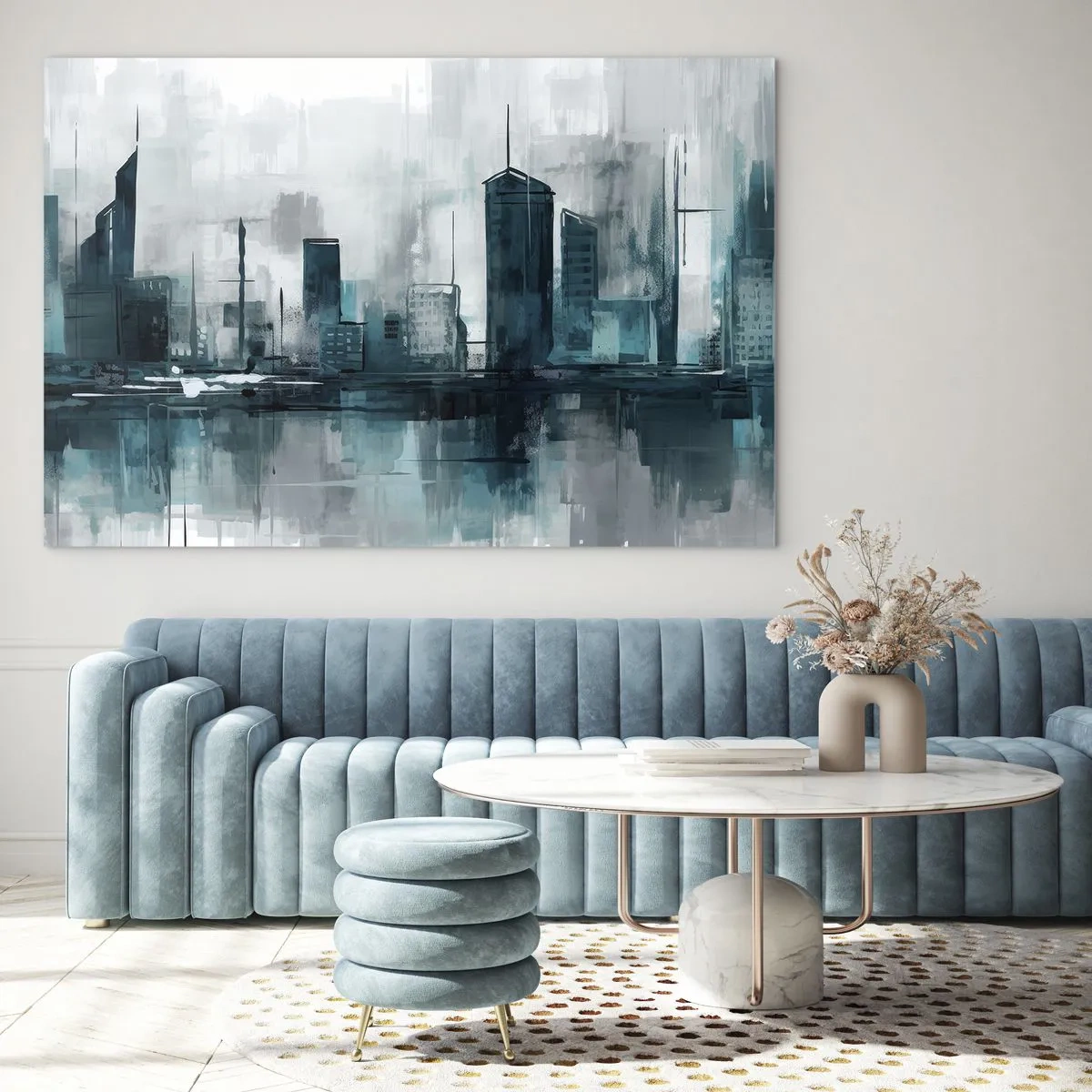 Schilderen op glas - Een moderne stad in tinten blauw en grijs - 70x50cm - Een stad in de kleur van regen - Moderne wanddecoratie voor woonkamer en slaapkamer ARTTOR