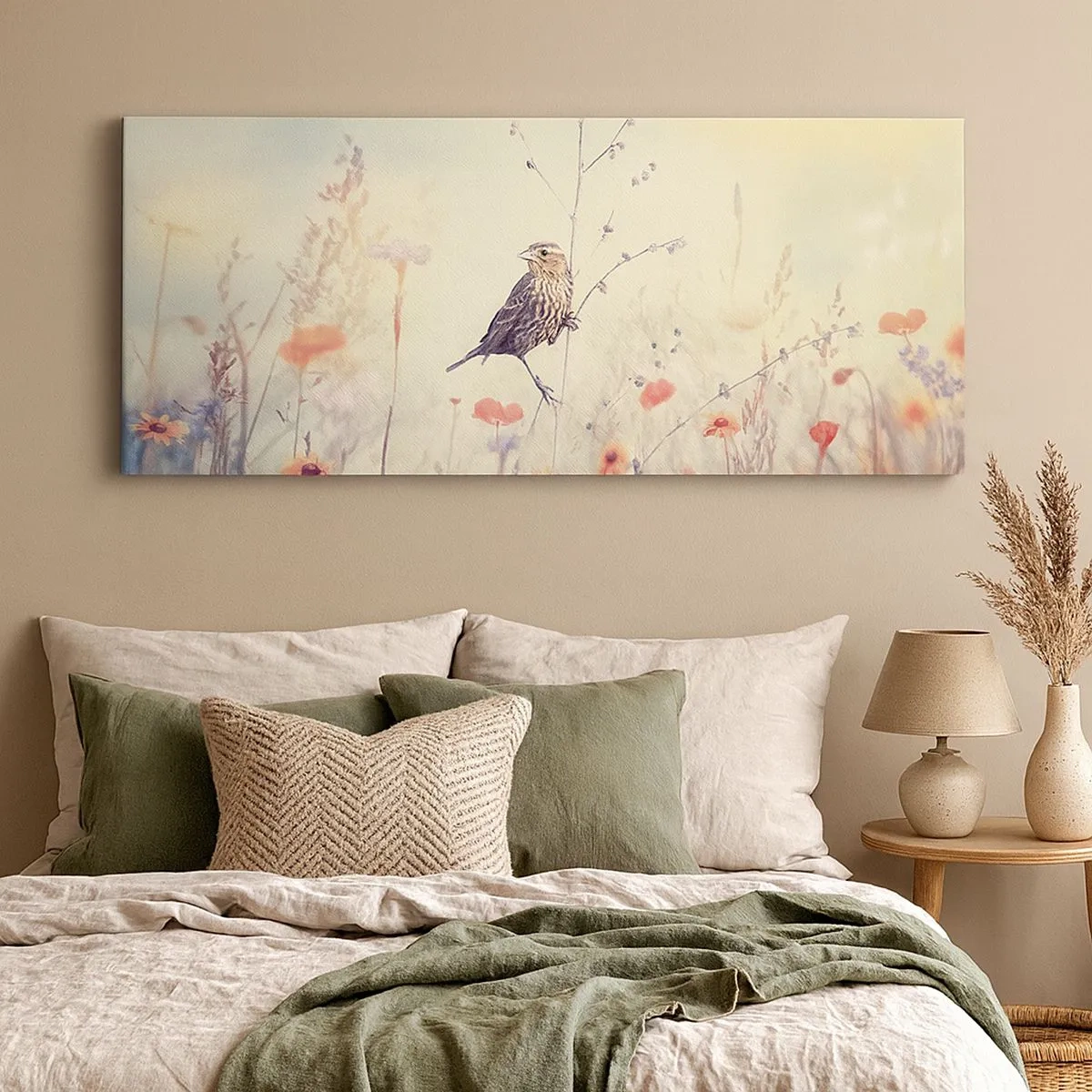 Schilderen op canvas - Vogelportret met een weiland op de achtergrond - 100x40 cm