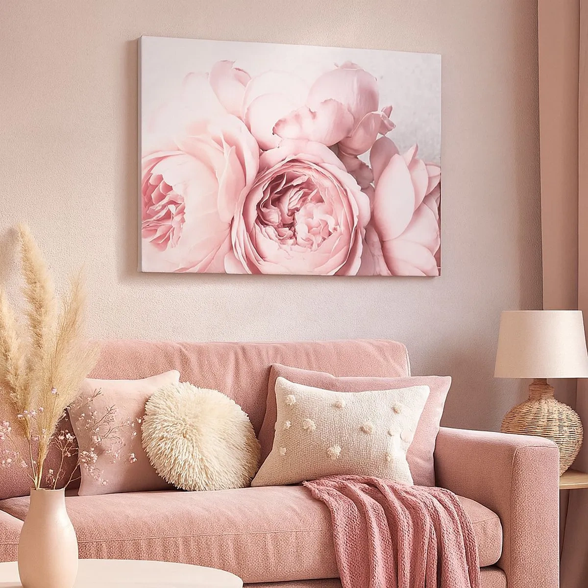 Schilderen op canvas - Roze pioenrozen in zacht licht tegen een lichte achtergrond - 70x50cm - Voor romantici - Moderne wanddecoratie voor woonkamer en slaapkamer ARTTOR