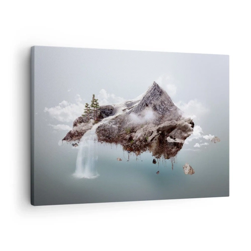 Schilderen op canvas - Een surrealistische berg die in de wolken zweeft met een waterval - 70x50cm - Gezien met het oog van een surrealist - Moderne wanddecoratie voor woonkamer en slaapkamer ARTTOR