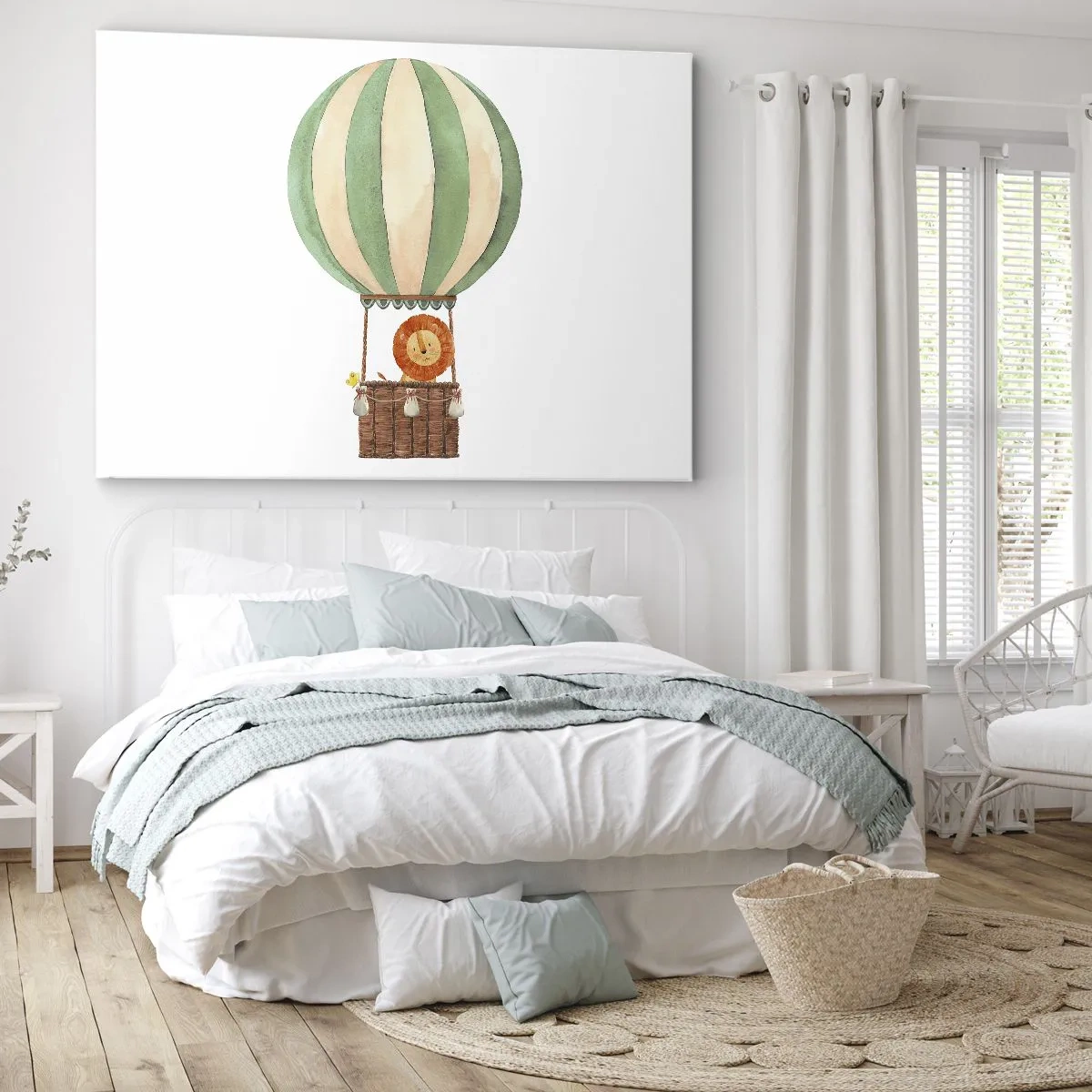 Schilderen op canvas - Een ballon met een lachende leeuw in een pastelkleurige mand - 70x50cm - Leons reizen - Moderne wanddecoratie voor woonkamer en slaapkamer ARTTOR