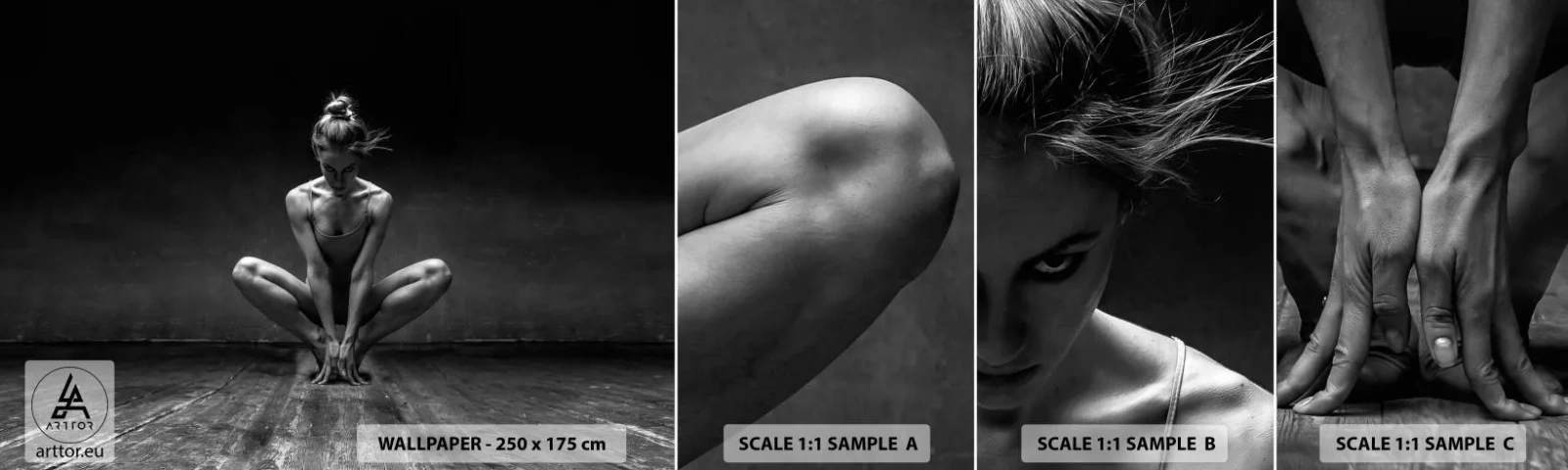 Fotobehang Monster Zelfklevend Deluxe Sticker - Concentratie van dansenergie - Danser, Vrouw, Zwart en wit - 100x30 cm