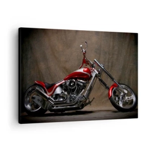 Schilderen op canvas - Rode custom motorfiets tegen een bruine stoffen achtergrond - 70x50cm - Rode en zilveren schoonheid - Moderne wanddecoratie voor woonkamer en slaapkamer ARTTOR