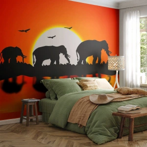 Fotobehang Premium Sand - En 's avonds voor een drankje - Dieren, Afrika, Olifant - 250x175 cm