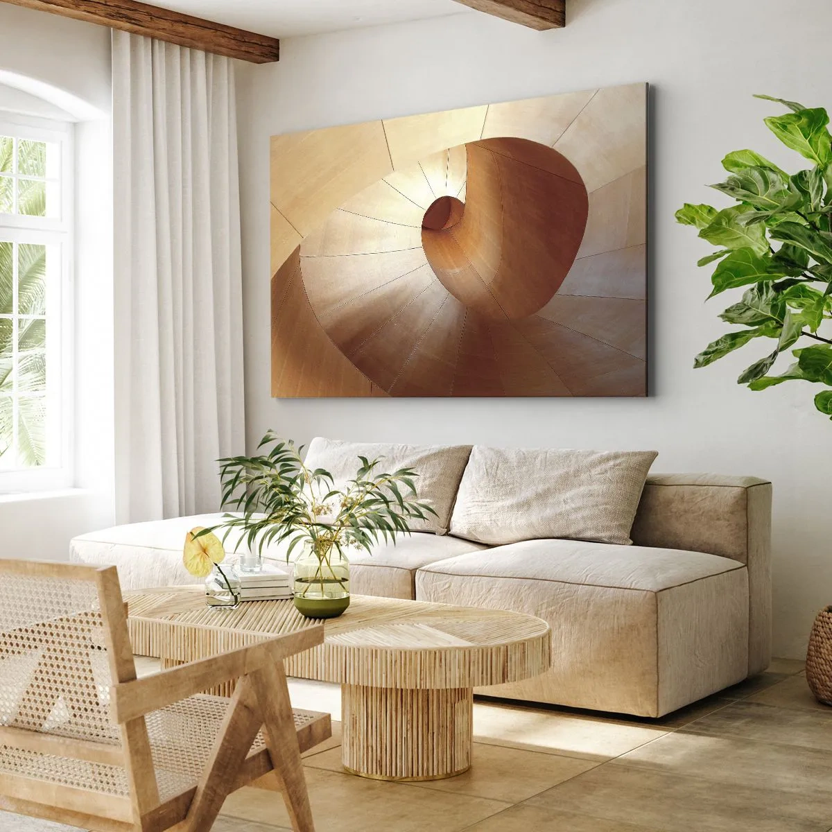 Schilderen op canvas - Abstracte spiraal in tinten hout en lichtbruin - 70x50cm - Architecturale serpentijn - Moderne wanddecoratie voor woonkamer en slaapkamer ARTTOR
