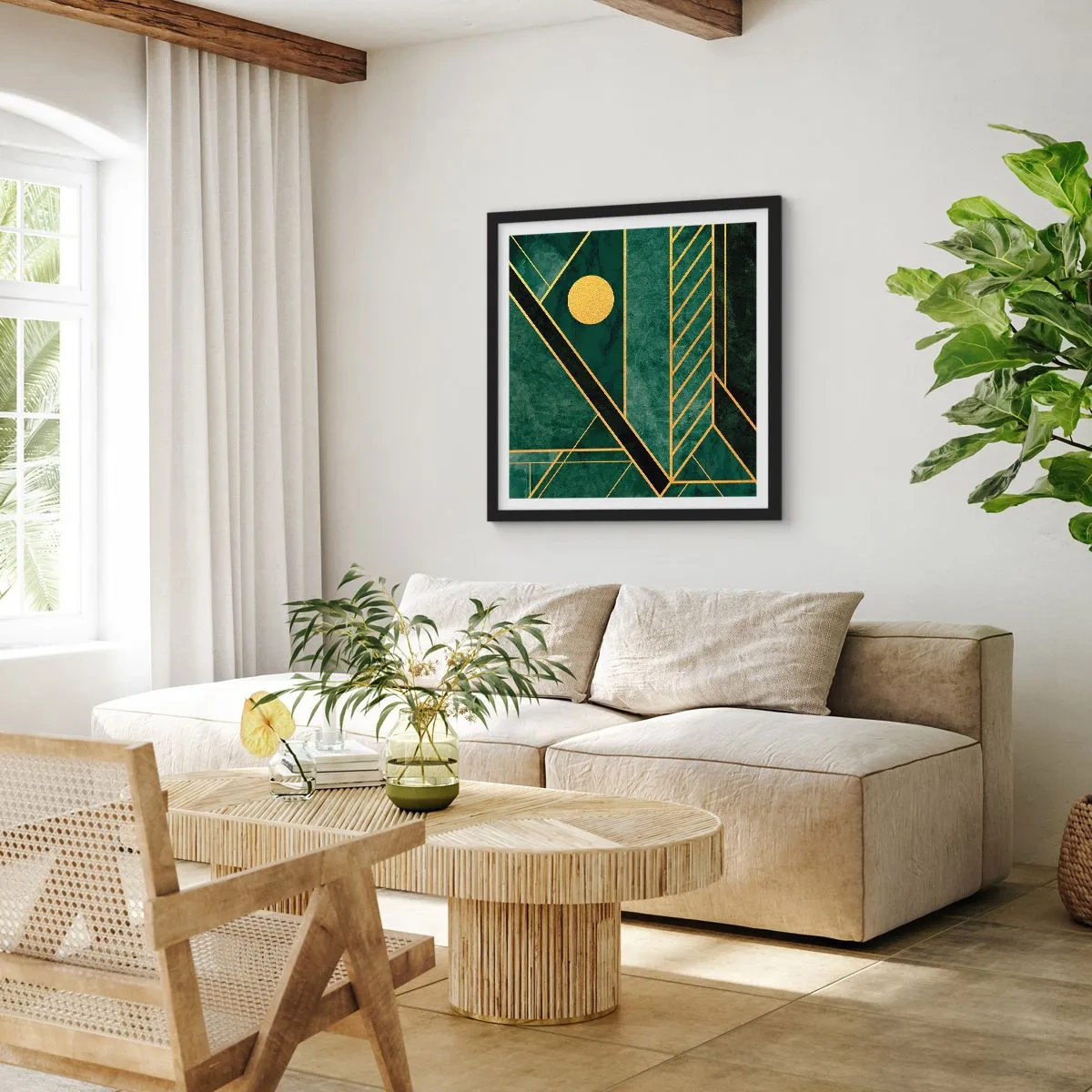 Poster in een zwarte lijst - Dynamiek van goud en azuur - 30x30 cm