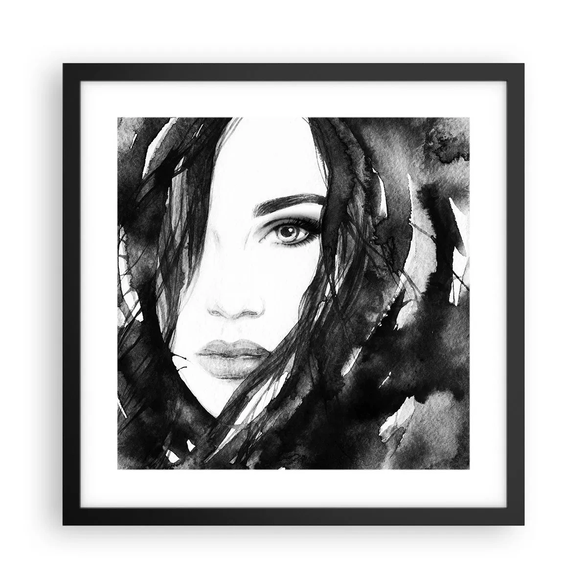 Poster in een zwarte lijst - Portret van een dame in zwart en wit - 40x40 cm