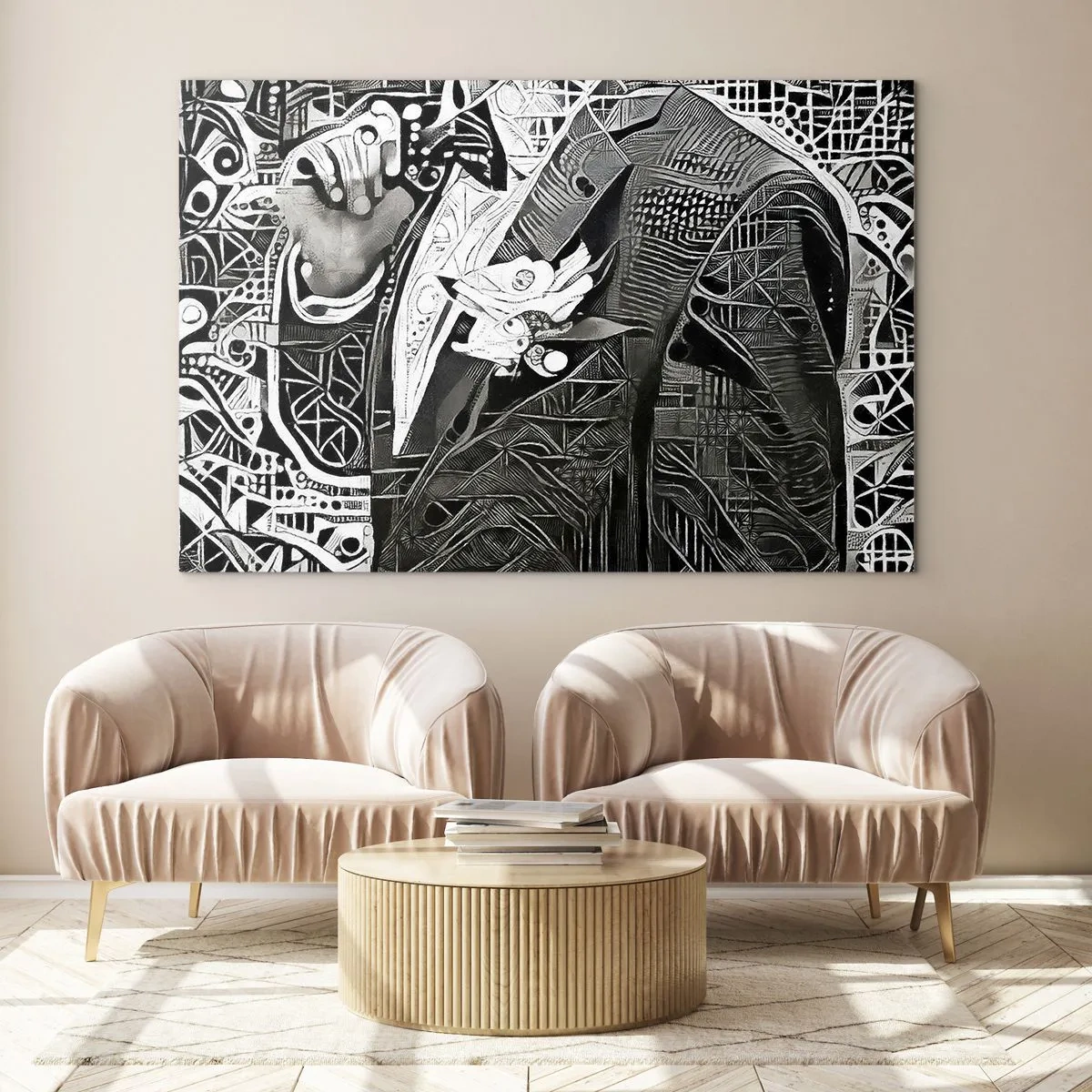 Schilderen op glas - Zwart-wit abstractie met geometrische patronen - 70x50cm - Alleen een ogenschijnlijk grijze man - Moderne wanddecoratie voor woonkamer en slaapkamer ARTTOR