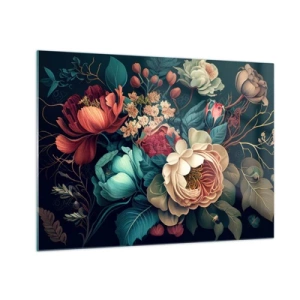 Schilderen op glas - Vintage boeket bloemen op een donkere achtergrond - 70x50cm - 19e-eeuwse charme - Moderne wanddecoratie voor woonkamer en slaapkamer ARTTOR