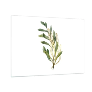 Schilderen op glas - Een groene tak met een delicaat gouden accent - 70x50cm - Alles wat goed is - Moderne wanddecoratie voor woonkamer en slaapkamer ARTTOR