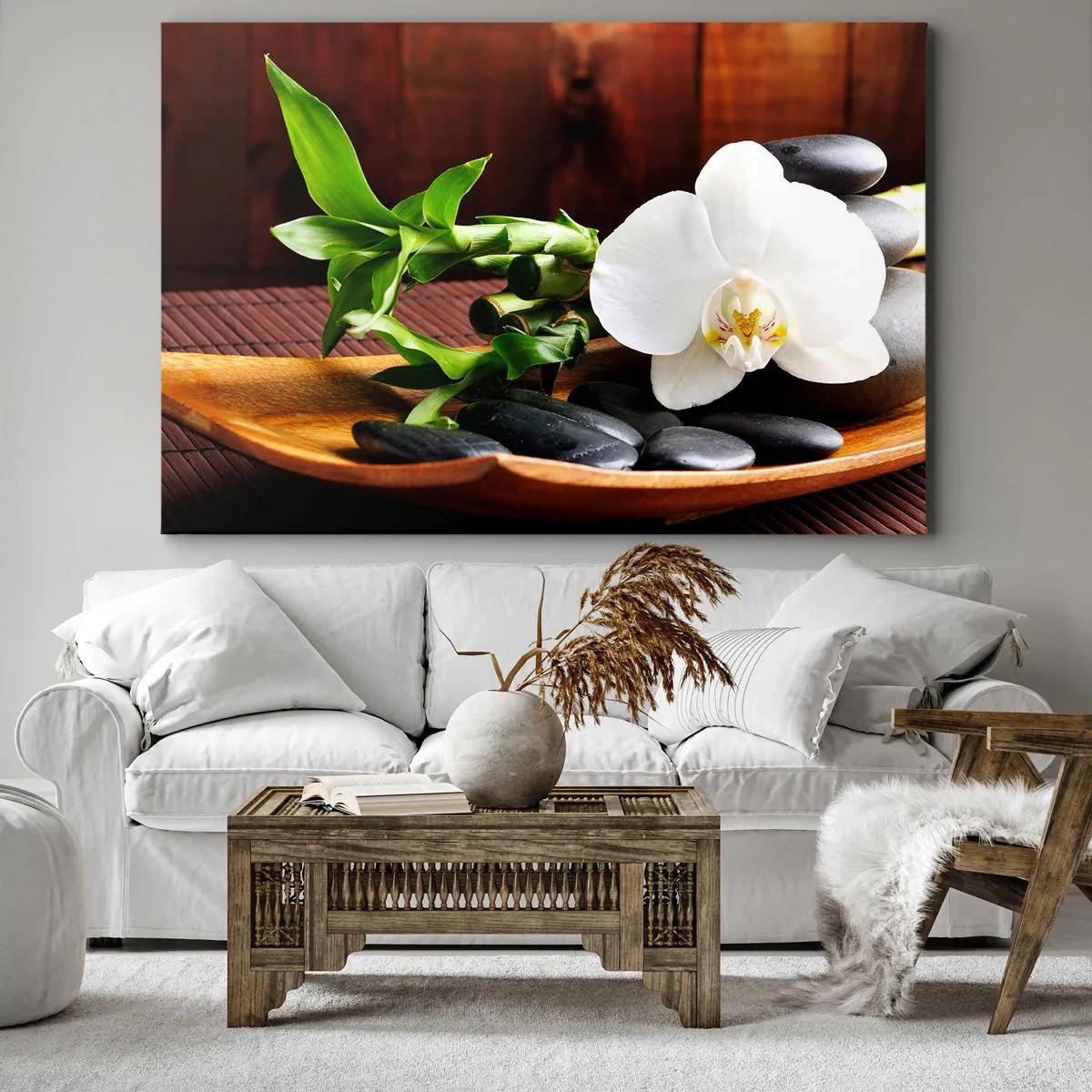 Schilderen op canvas - Witte orchidee met bamboe tegen een Zen-achtige stenen achtergrond - 70x50cm - Geef je over aan de aanraking van de natuur - Moderne wanddecoratie voor woonkamer en slaapkamer ARTTOR