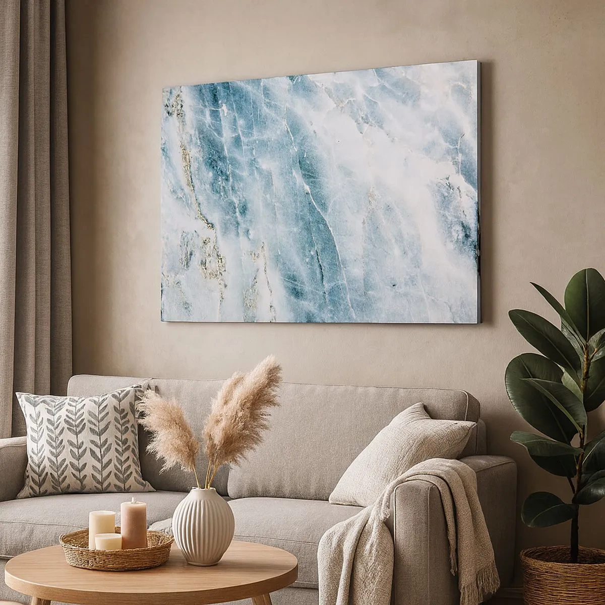 Schilderen op canvas - Marmertextuur in tinten blauw en wit - 70x50cm - Ijs wereld - Moderne wanddecoratie voor woonkamer en slaapkamer ARTTOR