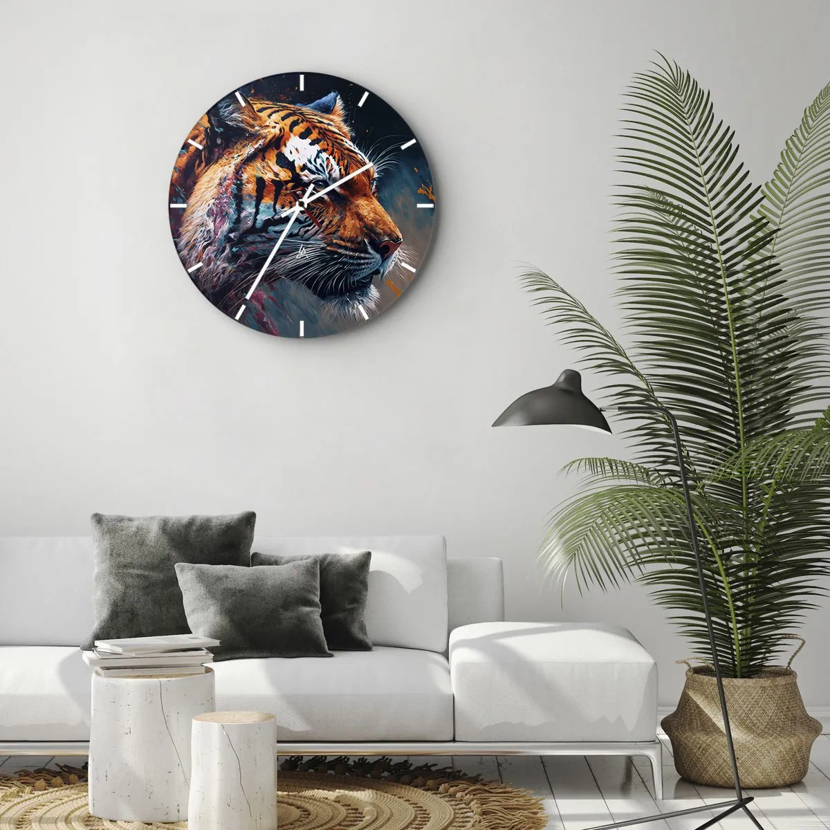 Wandklok - Klok - Portret van een tijger in intense kleuren met schilderachtige accenten - 30x30cm - Wilde schoonheid - Moderne wanddecoratie voor woonkamer, keuken en slaapkamer ARTTOR