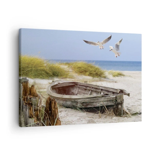 Schilderen op canvas - Verlaten boot op een strand met meeuwen - 70x50cm - Badend in de wind - Moderne wanddecoratie voor woonkamer en slaapkamer ARTTOR