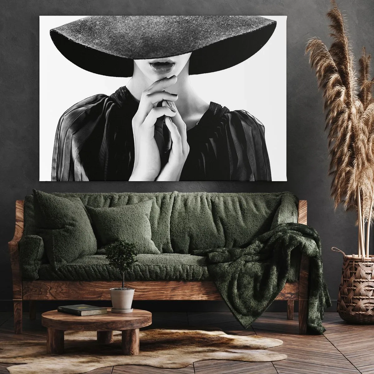Schilderen op canvas - Stijlvolle vrouw met een grote hoed in tinten zwart en wit - 70x50cm - Verborgen schoonheid - Moderne wanddecoratie voor woonkamer en slaapkamer ARTTOR