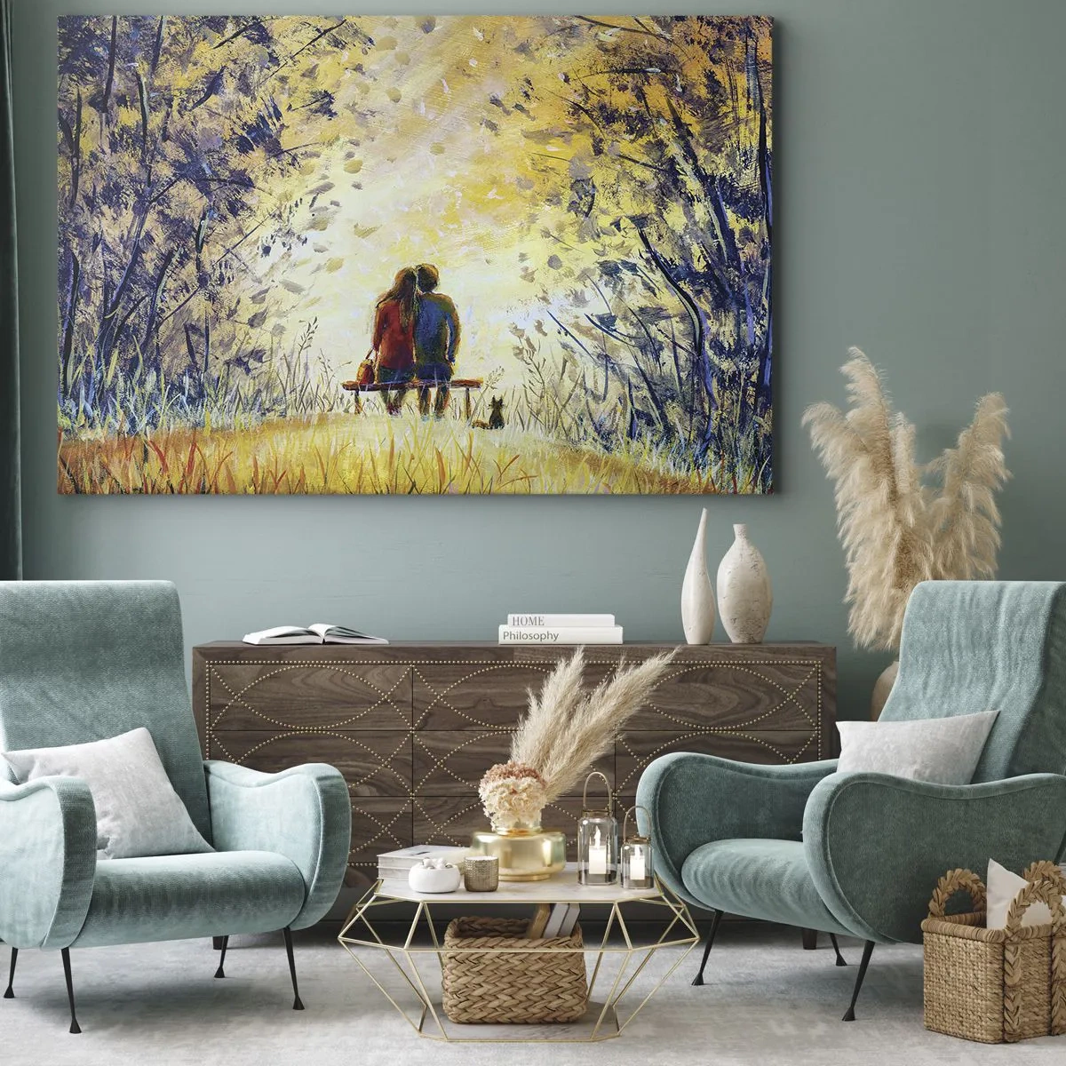 Schilderen op canvas - Een stel zit op een bankje tussen de herfstbomen in het zonlicht - 70x50cm - Een magisch moment - Moderne wanddecoratie voor woonkamer en slaapkamer ARTTOR