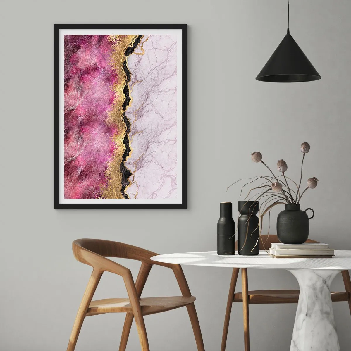 Poster in een zwarte lijst - Abstractie met marmerpatroon en gouden accenten - 50x70cm - Op de grens - Moderne wanddecoratie voor woonkamer en slaapkamer ARTTOR