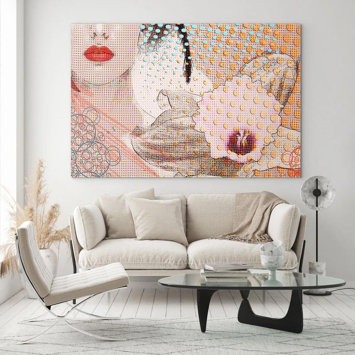 Schilderen op glas - Illustratie van een portret van een vrouw met een bloem op de achtergrond in pop-artstijl - 70x50cm - Stripboek heroïne - Moderne wanddecoratie voor woonkamer en slaapkamer ARTTOR