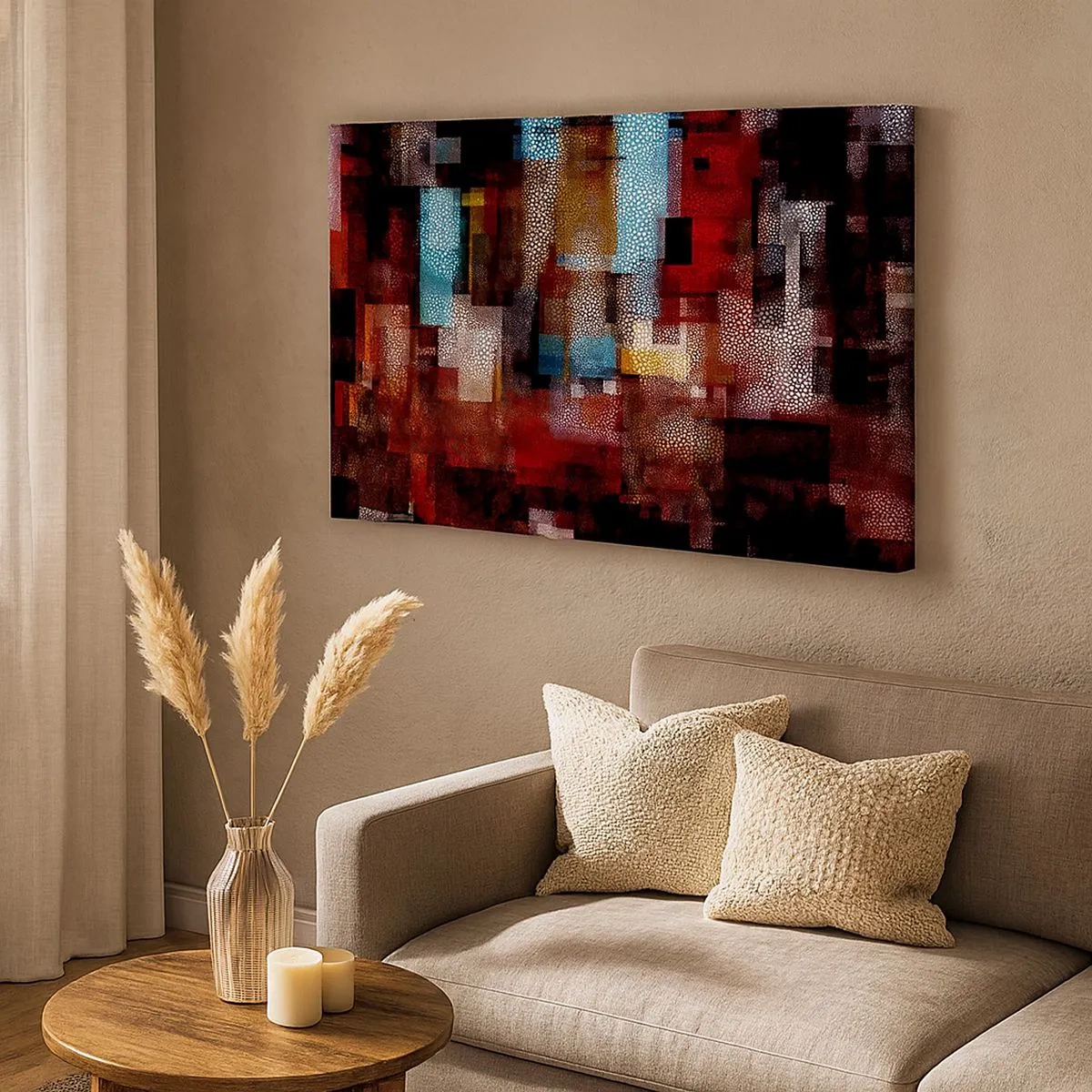 Schilderen op canvas - Geometrische abstractie in intense roodtinten - 70x50cm - Het is een allegaartje - Moderne wanddecoratie voor woonkamer en slaapkamer ARTTOR