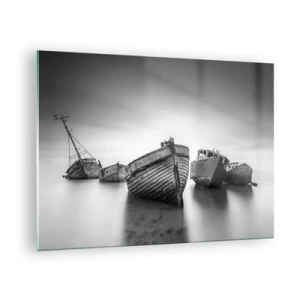 Schilderen op glas - Verlaten boten op kalm water in zwart-wit - 70x50cm - Alleen herinneringen ... - Moderne wanddecoratie voor woonkamer en slaapkamer ARTTOR