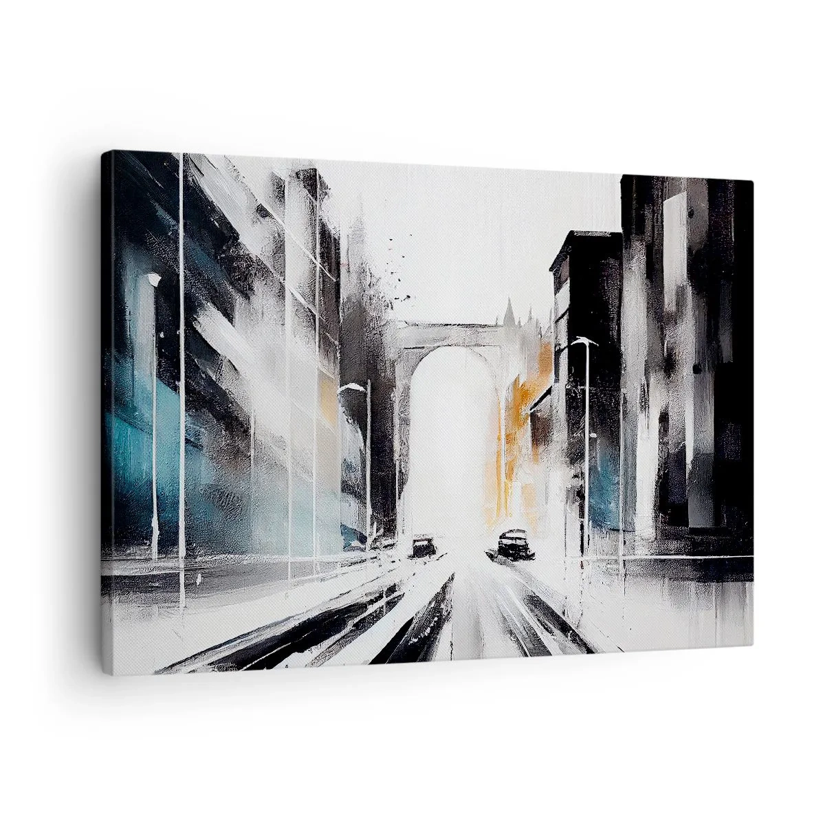 Schilderen op canvas - Abstract stadsgezicht met boogbrug - 70x50cm - Stadsstudie: architectuur en beweging - Moderne wanddecoratie voor woonkamer en slaapkamer ARTTOR