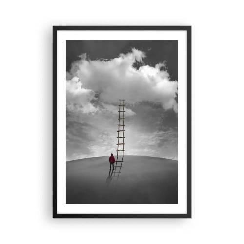 Poster in een zwarte lijst - Een man staat bij een ladder die naar de wolken leidt - 50x70cm - Alles is mogelijk - Moderne wanddecoratie voor woonkamer en slaapkamer ARTTOR