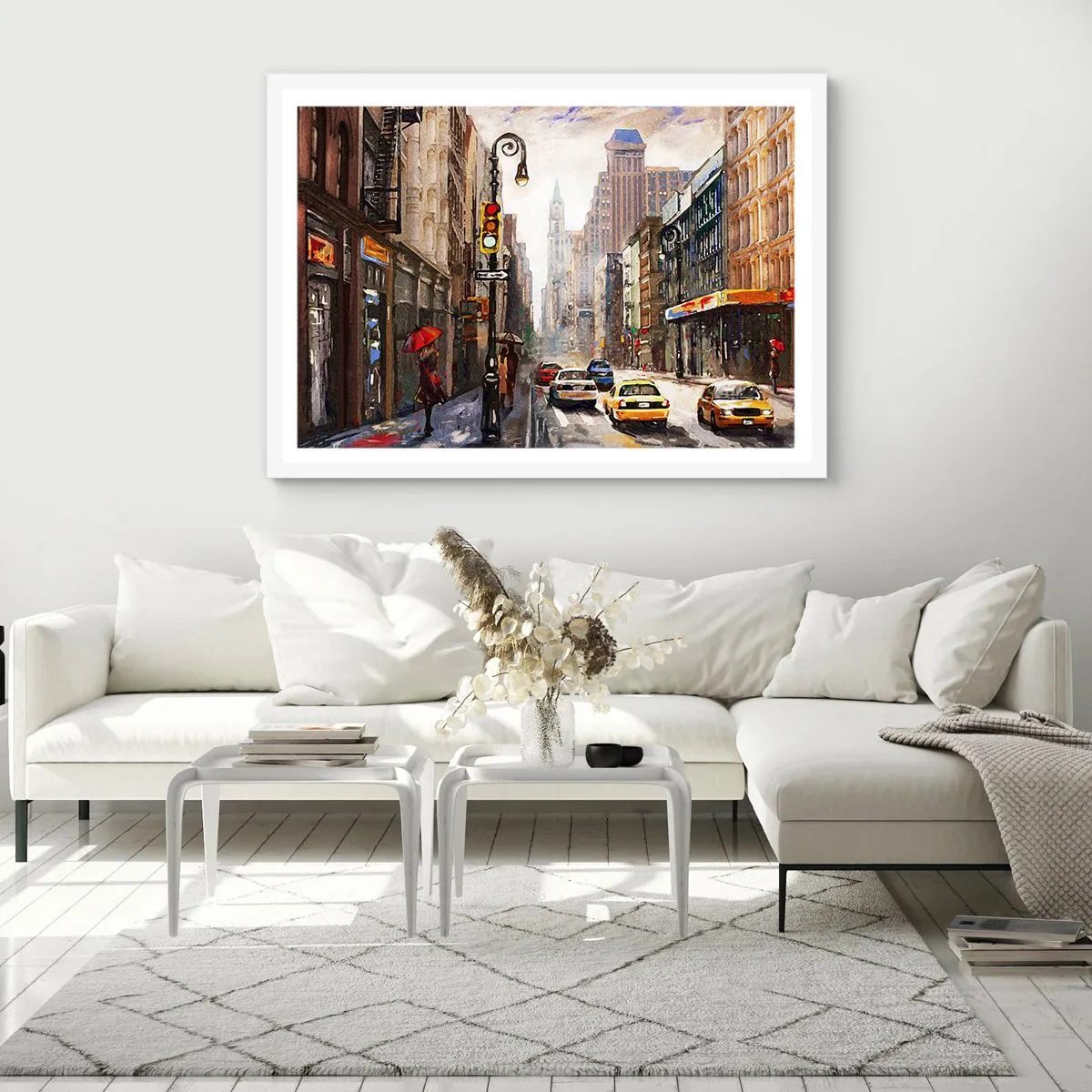 Poster in een witte lijst - New York - ook kleurrijk in de regen - 50x40 cm