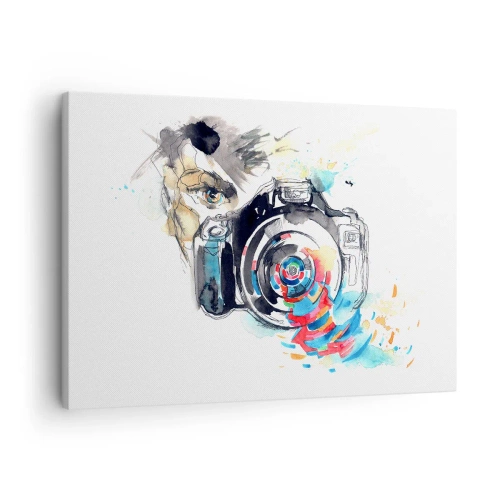 Schilderen op canvas - Aquarelcamera met kleurrijke details - 70x50cm - In het oog van de lens - Moderne wanddecoratie voor woonkamer en slaapkamer ARTTOR
