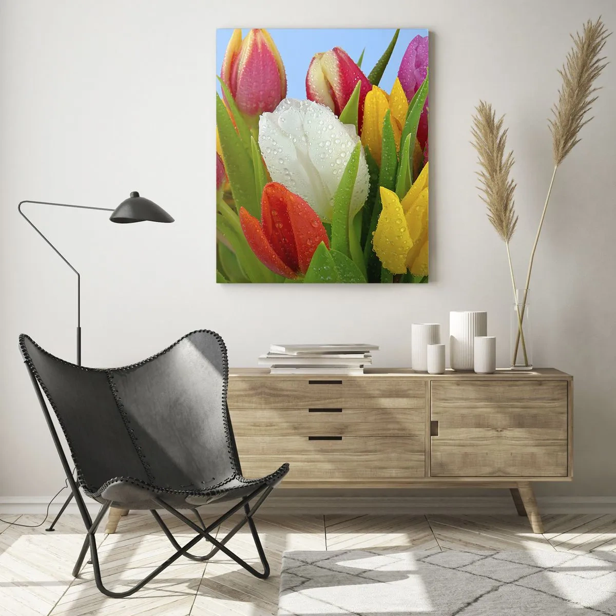 Schilderen op glas - Een bloemenregenboog in dauwdruppels - 80x120 cm