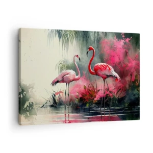 Schilderen op canvas - Flamingo's aan het water, omringd door vegetatie - 70x50cm - Een les in natuurlijke gratie - Moderne wanddecoratie voor woonkamer en slaapkamer ARTTOR