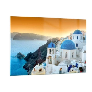 Schilderen op glas - Santorini - genesteld tegen de rotsen - 120x80 cm
