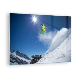 Schilderen op glas - Een skiër in actie tegen de achtergrond van met sneeuw bedekte bergen - 70x50cm - Dansend met de bergen - Moderne wanddecoratie voor woonkamer en slaapkamer ARTTOR