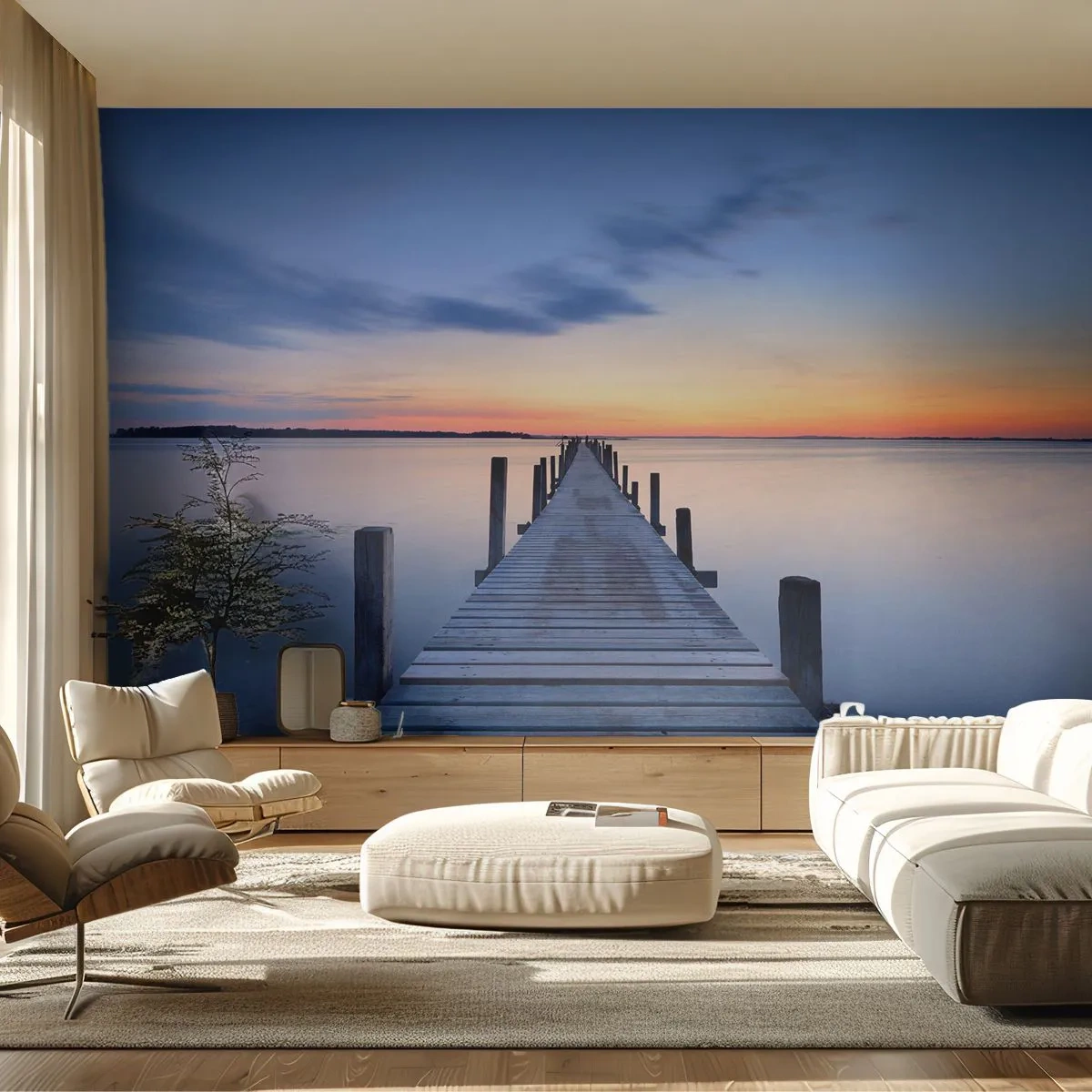 Fotobehang Premium Canvas - De rust van een serene schemering - Landschap, Baai, Houten brug - 250x175 cm