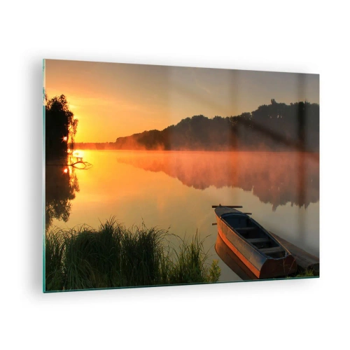 Schilderen op glas - Zonsopgang boven een kalm meer met een boot aan de oever - 70x50cm - Zonsopgang boven het water als een spiegel - Moderne wanddecoratie voor woonkamer en slaapkamer ARTTOR