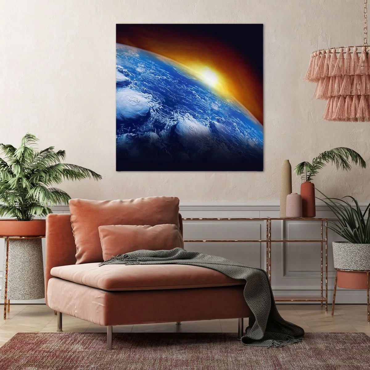 Schilderen op canvas - Zonsopgang boven de blauwe planeet - 50x50 cm