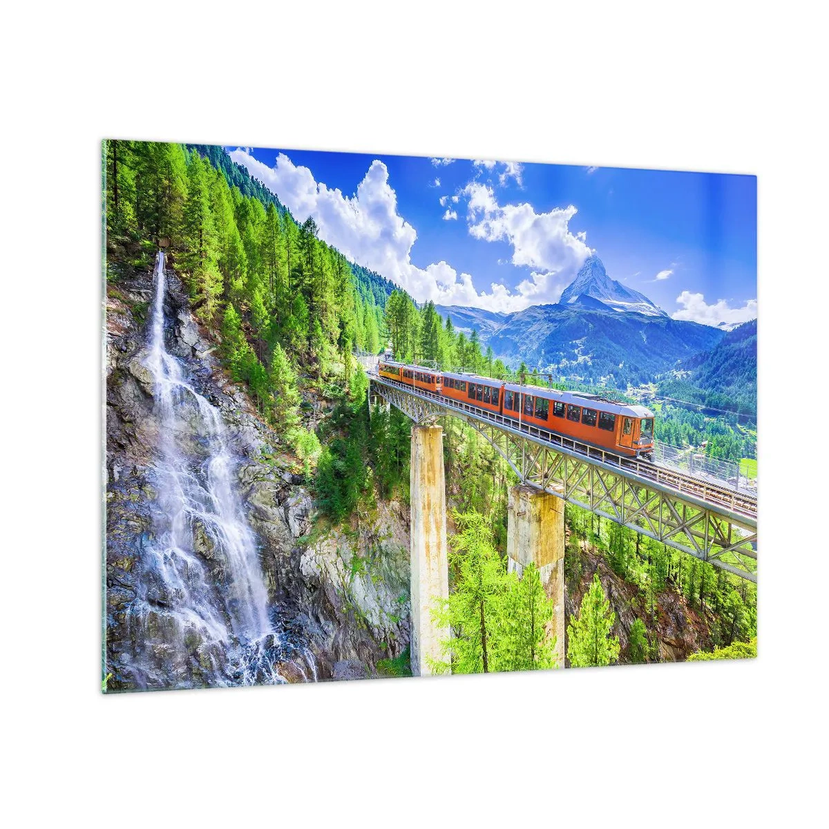 Schilderen op glas - Alpentrein op een brug met uitzicht op een waterval - 70x50cm - Het is tijd voor de Alpen - Moderne wanddecoratie voor woonkamer en slaapkamer ARTTOR