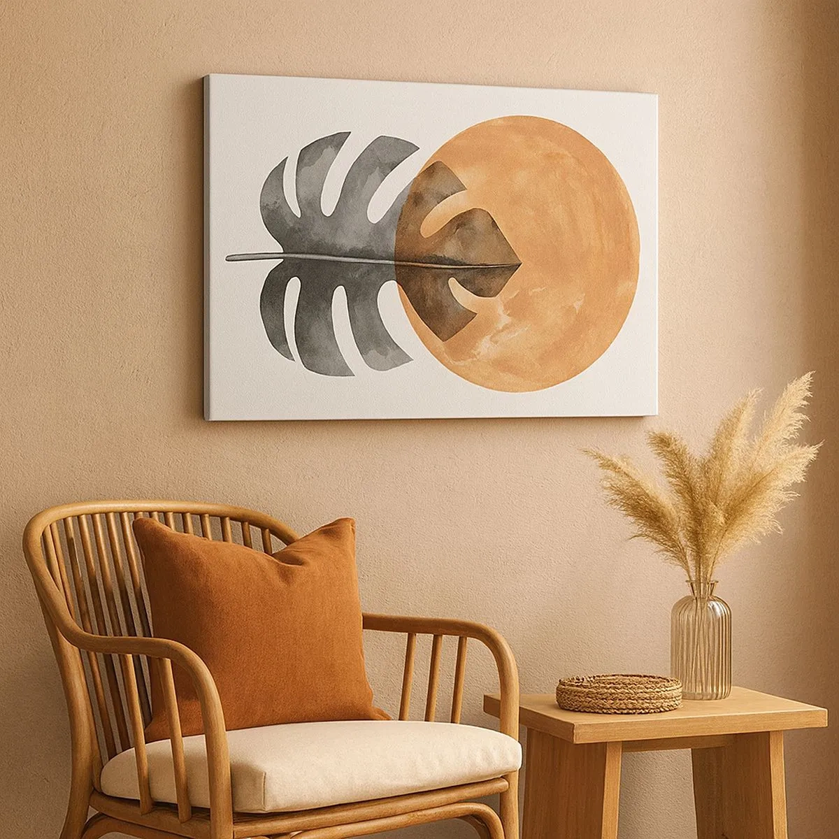 Schilderen op canvas - Monsterablad en gouden cirkel op een lichte achtergrond - 70x50cm - Altijd de zon - Moderne wanddecoratie voor woonkamer en slaapkamer ARTTOR