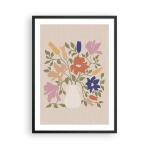 Poster in een zwarte lijst - Een kleurrijk boeket bloemen in een lichte vaas op een beige achtergrond - 50x70cm - Fijn boeket - Moderne wanddecoratie voor woonkamer en slaapkamer ARTTOR