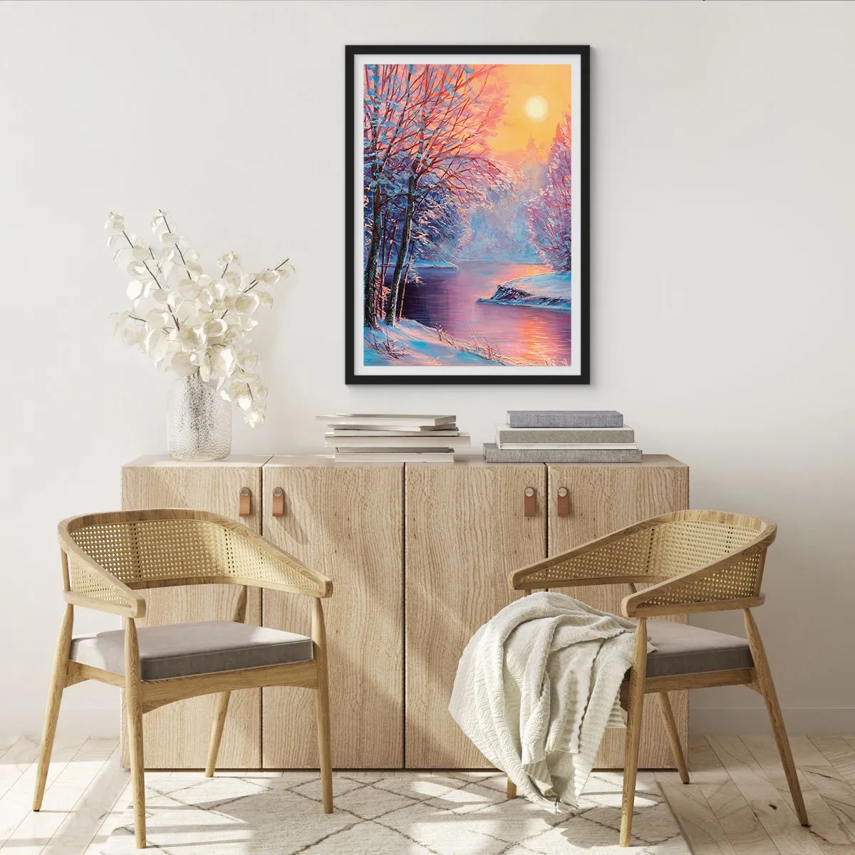 Poster in een zwarte lijst - Winterlandschap met een rivier in de gloed van de ondergaande zon - 50x70cm - De kleuren van de winter - Moderne wanddecoratie voor woonkamer en slaapkamer ARTTOR