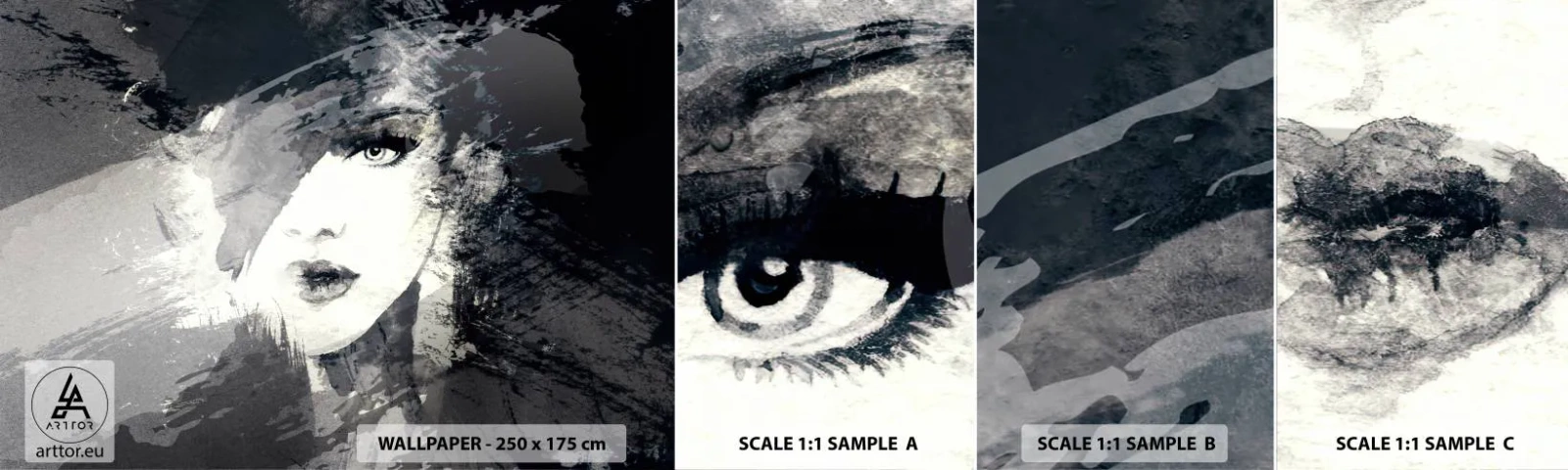 Fotobehang Monster Zelfklevend Deluxe Sticker - Achter een grijze sluier - Het gezicht van de vrouw, Zwart en wit, Ogen - 100x30 cm