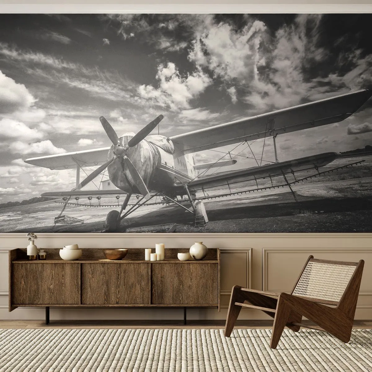 Fotobehang Standard Eco - Ik kan niet wachten! - Vliegtuig, Vliegtuigen, Zwart en wit - 400x280 cm