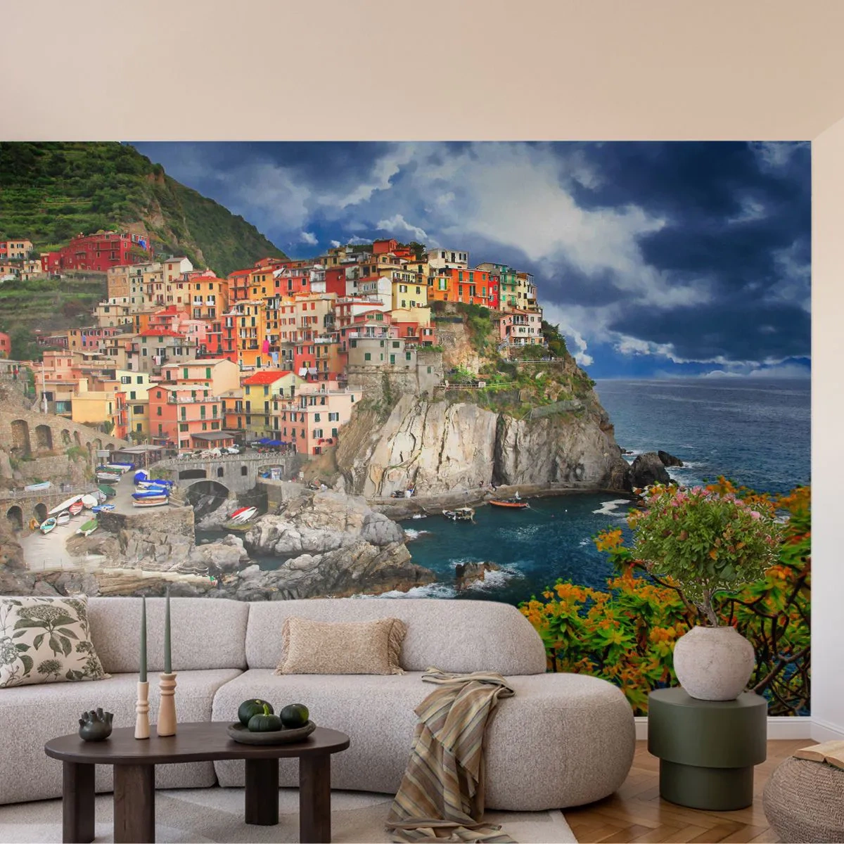 Fotobehang Premium Sand - Een groepje geklampt an de rots - Landschap, Architectuur, Italië - 100x70 cm