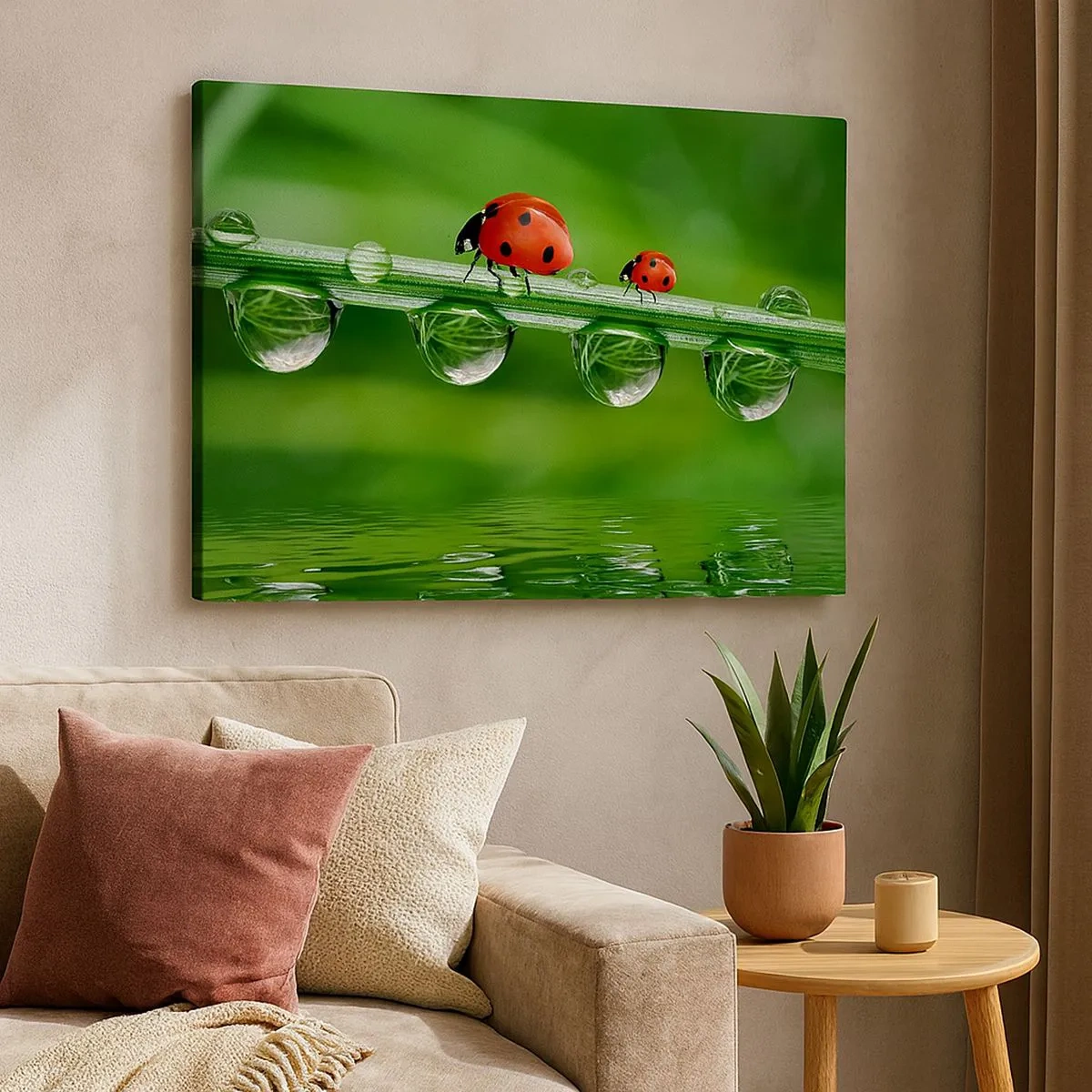 Schilderen op canvas - Lieveheersbeestjes op een grassprietje met dauwdruppels in een natuurlijke omgeving - 70x50cm - De hele zomer onderweg - Moderne wanddecoratie voor woonkamer en slaapkamer ARTTOR