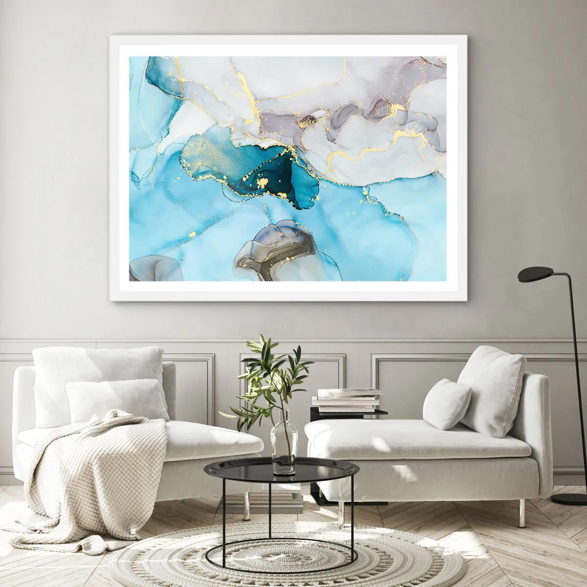Poster in een witte lijst - Een studie van de ontmoeting van grijs en turkoois - 100x70 cm