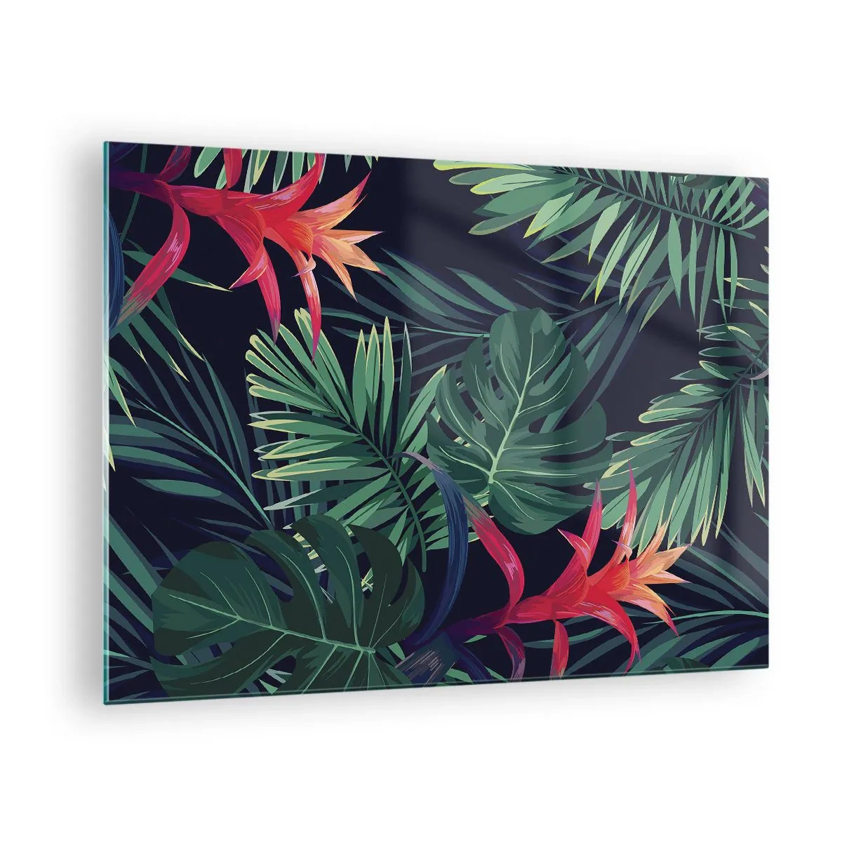 Schilderen op glas - Exotische bladeren en bloemen op een donkere achtergrond - 70x50cm - Ontsteken in het groen - Moderne wanddecoratie voor woonkamer en slaapkamer ARTTOR