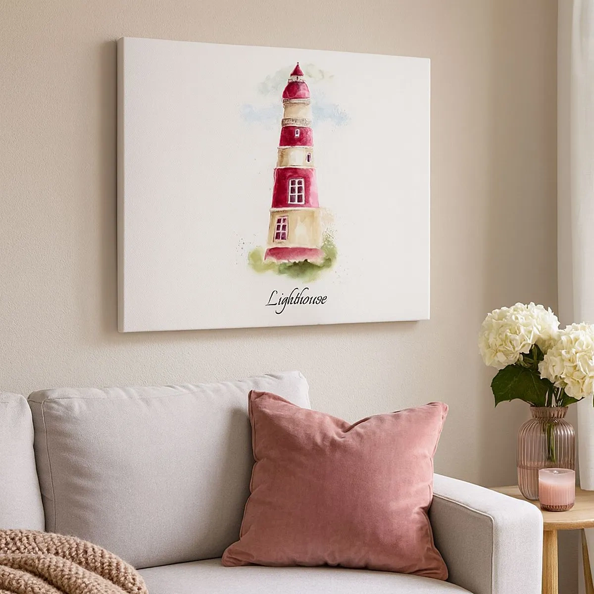 Schilderen op canvas - Een aquarel van een vuurtoren op een lichte achtergrond met een inscriptie - 70x50cm - Er is altijd goed weer in de buurt - Moderne wanddecoratie voor woonkamer en slaapkamer ARTTOR