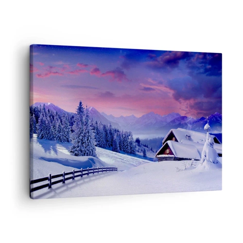 Schilderen op canvas - Winterlandschap met berghutten bij zonsondergang - 70x50cm - Stille nacht - Moderne wanddecoratie voor woonkamer en slaapkamer ARTTOR