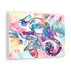 Schilderen op glas - Kleurrijke kameleon tussen bladeren in aquarelstijl - 70x50cm - Zo kleurrijk als onze wereld - Moderne wanddecoratie voor woonkamer en slaapkamer ARTTOR