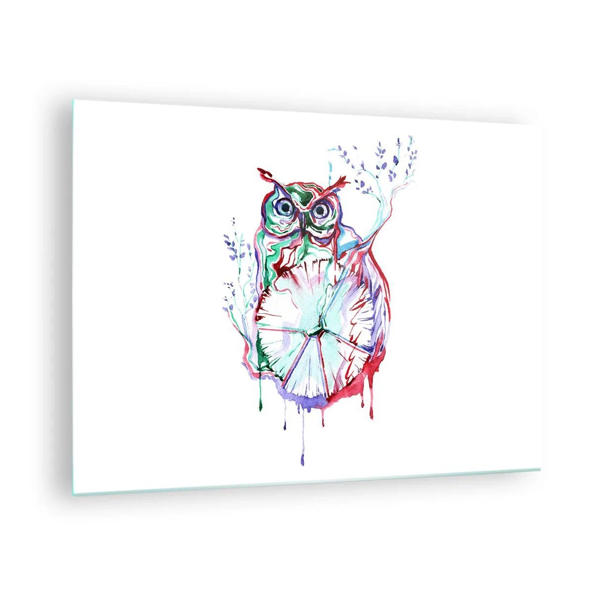 Schilderen op glas - Abstracte uil in een kleurrijke aquarelcompositie - 70x50cm - Wijs van nature - Moderne wanddecoratie voor woonkamer en slaapkamer ARTTOR