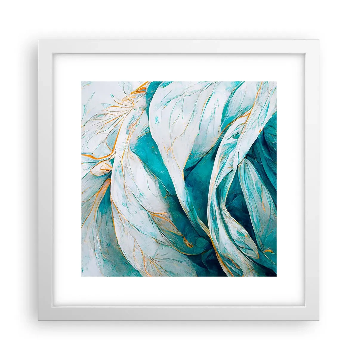 Poster in een witte lijst - Blauwe abstractie met een gouden motief - 30x30 cm